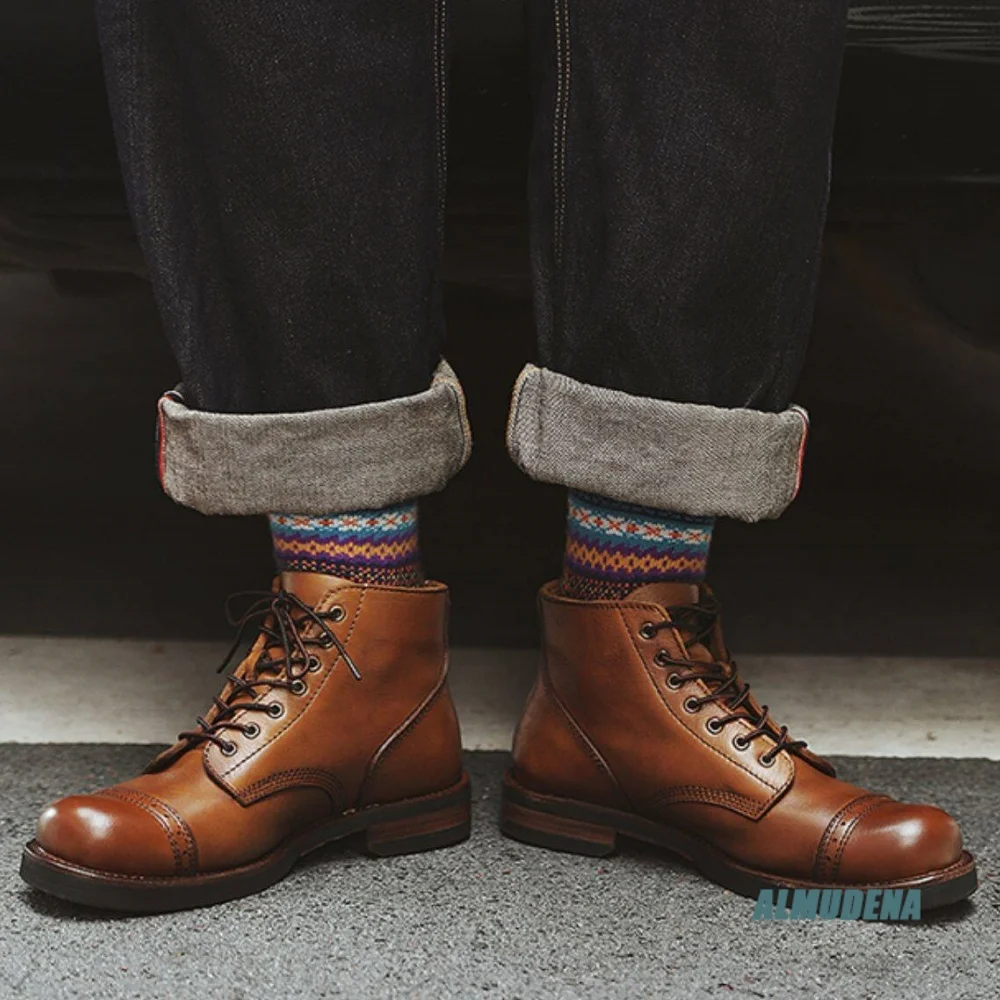 Retro Men High Top Round Toe Brogue Short Boots Two Tone Lace Up Spring Autumn Trendy Versatile Casual Business Ankle Boots