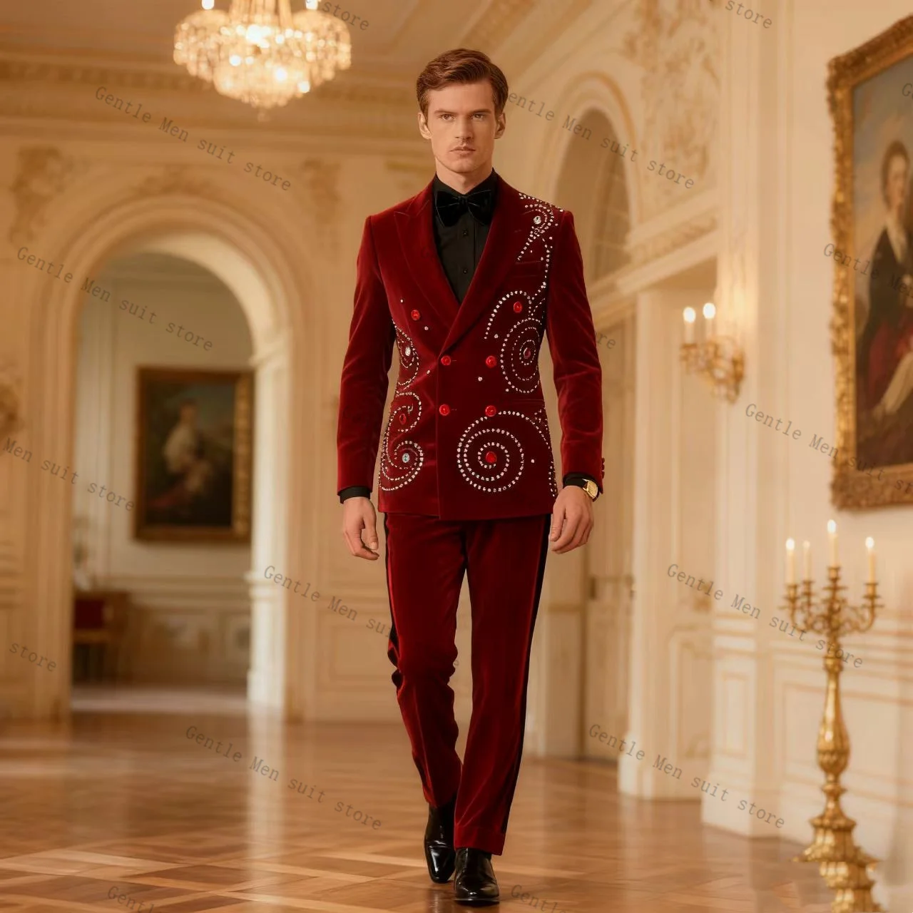 

Velvet Crystal Red Men Suit Set 2 Piece Blazer+Pants Trousers Groom Wedding Tuxedo Formal Office Business Jacket Coat Customized