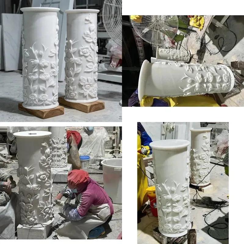 Custom White Marble Flower Stand Hand Carved Rose Relief Cylindrical Stone Vase Base for Wedding Villa Lobby Decoration