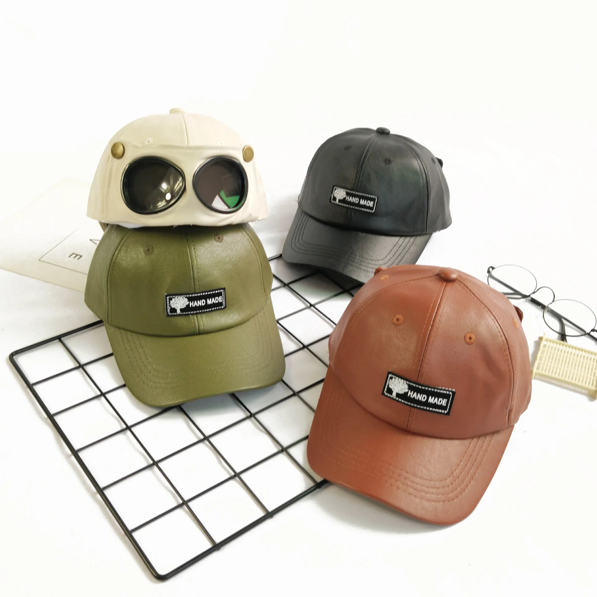 1PC All-match PU Leather Sunglasses Hat Handsome Streetwear Pilot Glasses Hat Korean Style Personality Peaked Cap