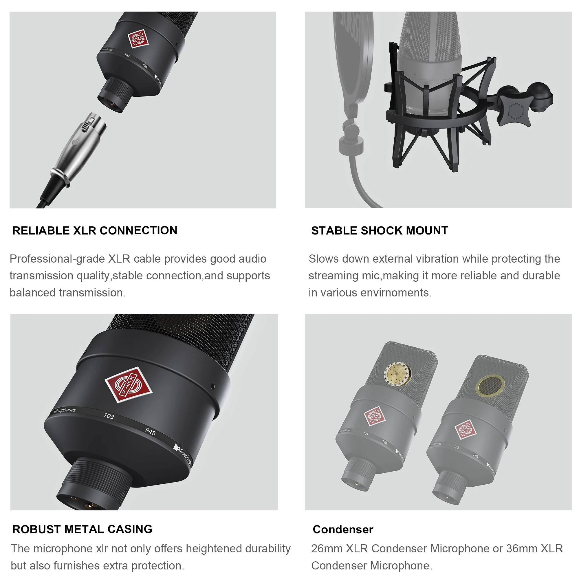 ميكروفون مكثف KTES AMX 103 XLR ميكروفون قلبي احترافي لتسجيل البث والبث المنزلي استوديو 48 فولت طاقة فانتوم #6