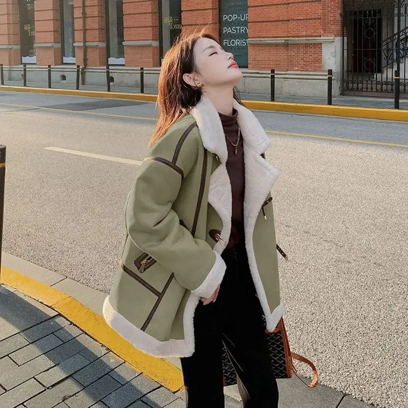 2024 Fall and Winter New Women Tops Coat Faux Fur Lamb Wool Turn Down Collar Long Sleeve Single Breasted Loose Padded Coats