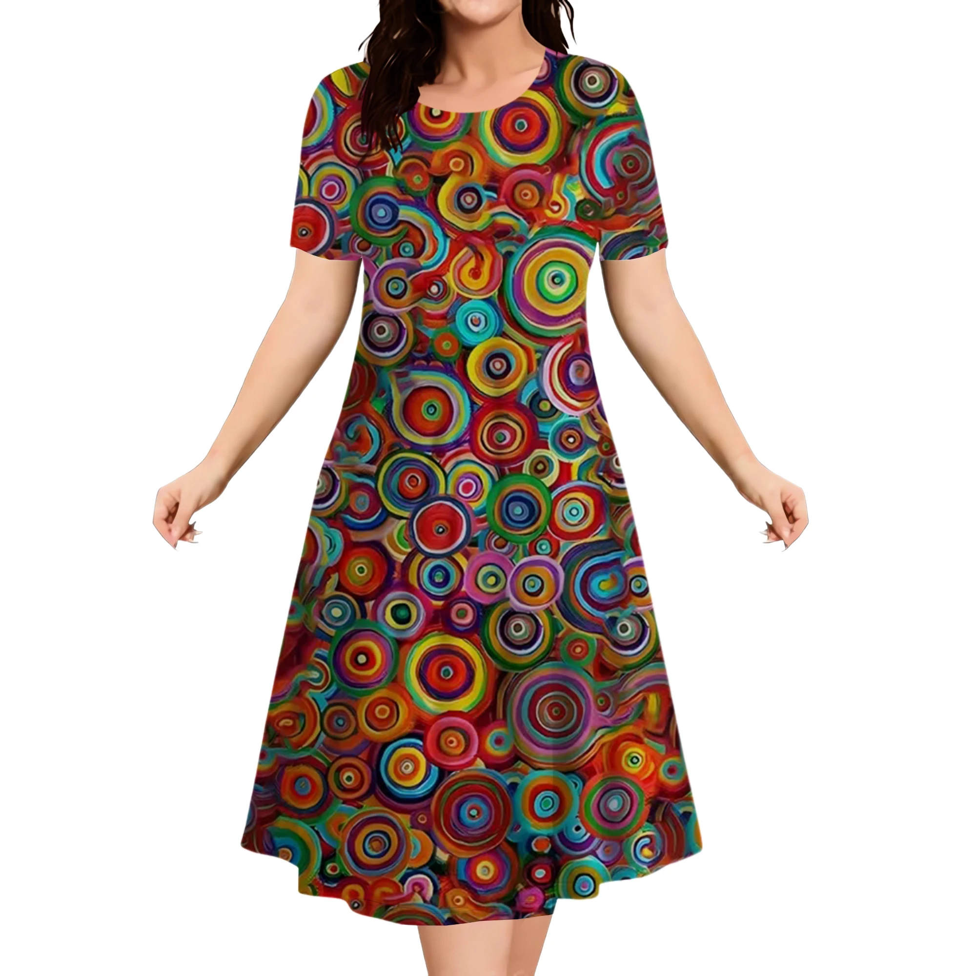 Sukienki damskie Sweet Candy Color Circle Print na lato 2024 Odzież modowa Casual O-Neck Krótki rękaw Plus Size Sukienka Luźna