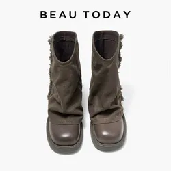 BEAUTODAY Fashion Boots Women Genuine Cow Leather Solid Color Slip-on Punk Style Mid-calf Ladies Shoes Handmade 02258