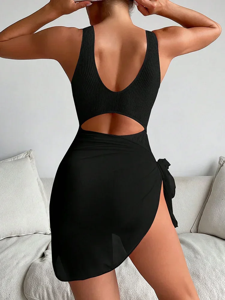 Bikinis ahuecados sexys, conjunto de 2 piezas, traje de baño para mujer, falda para la playa sin espalda de cintura alta, nuevo traje de baño de verano 2025, traje de baño de una pieza