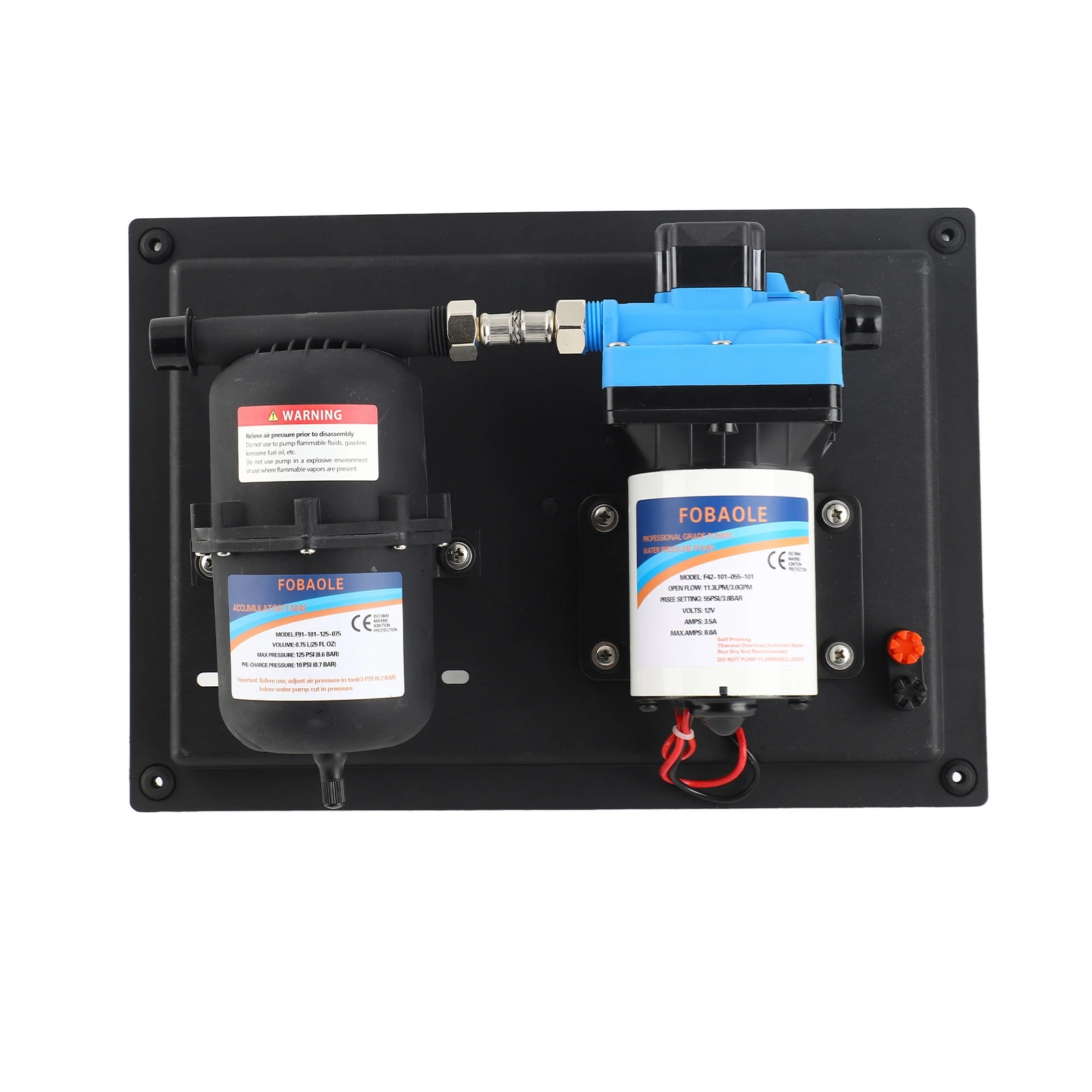 

RV Water Pump DC 24V 3GPM 11.3L/Min 55PSI Fresh Water Diaphragm Pump Built in On Demand Pressure Switch with Pressure Tank