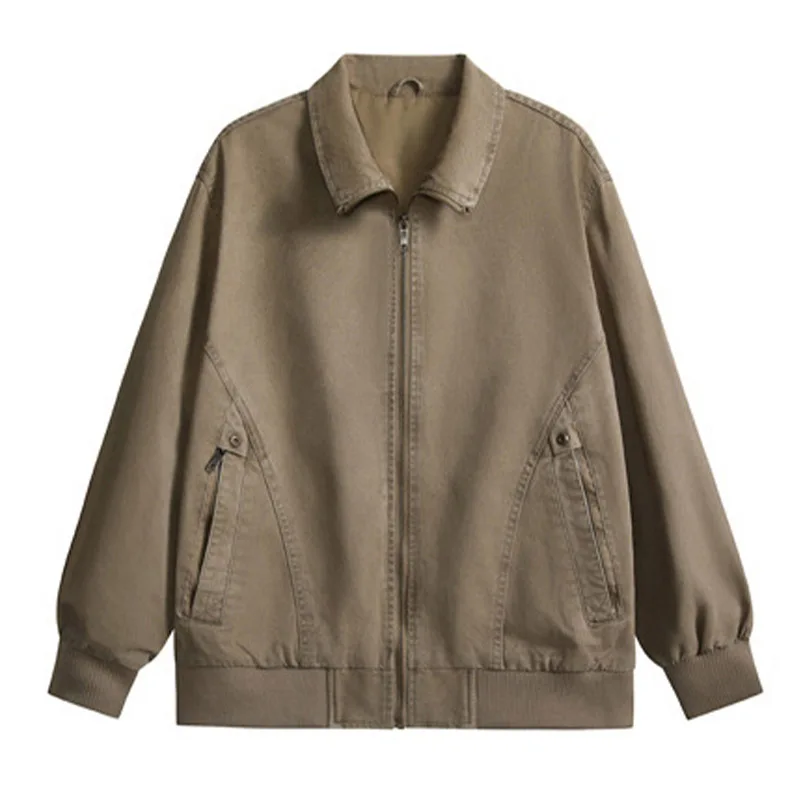 เสื้อแจ็คเก็ตสไตล์เรโทรอเมริกันสำหรับผู้ชาย ผ้าฝ้ายแท้ ทรงหลวม สวมใส่สบาย เหมาะสำหรับกิจกรรมกลางแจ้ง แต่งซิป ดีไซน์แบบวินเทจ