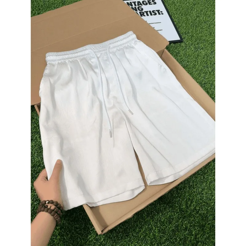 Glossy Fabric Satin Shorts for Men Vintage Jacquard Drawstring Baggy Middle Pants Straight Premium Cooling Comfortable Shorts