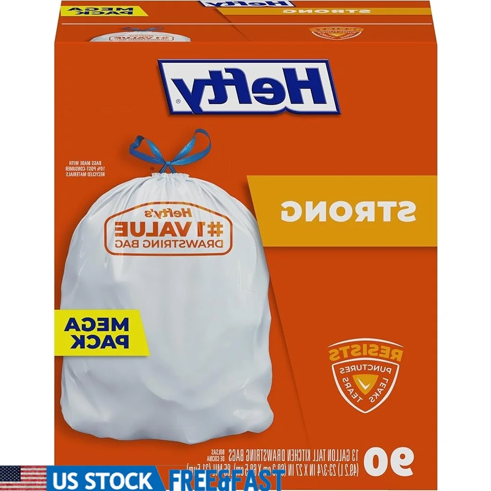 

Strong 13 Gallon Trash Bags Unscented Durable Kitchen Bags with Drawstrings Leak Proof Puncture Resistant Heavy Waste 90 Count