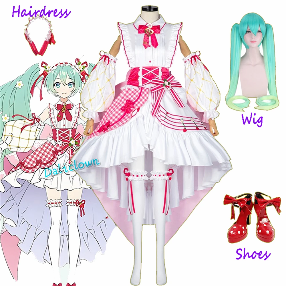 Miku 15th Anniversary Anime Cosplay Strawberry Lolita Dress parrucca Kawaii Roleplay Prop Party Halloween Costume donna taglia personalizzata