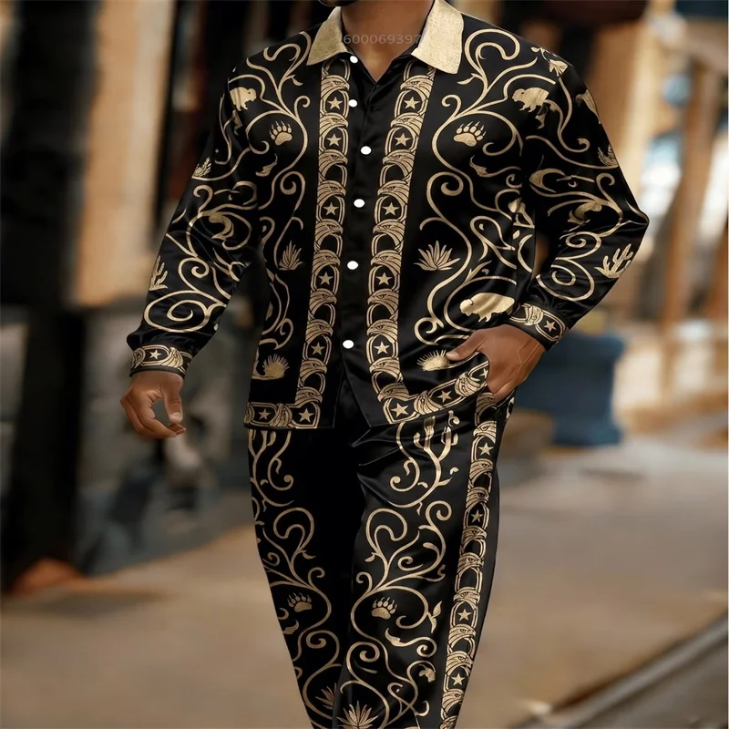 This men's luxury satin two-piece set features a gold-printed long-sleeved shirt and trousers, perfect for parties and weddings.