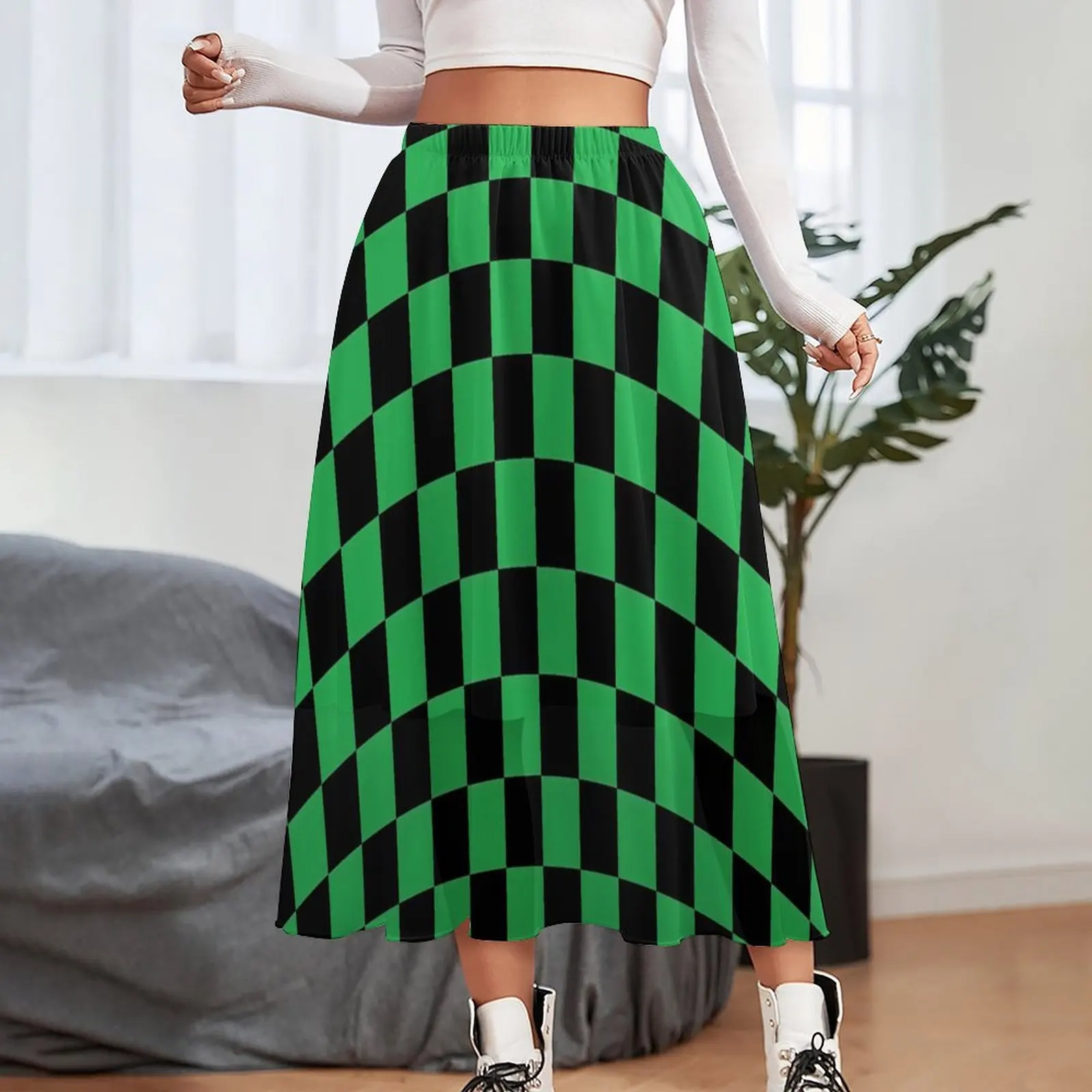 Vintage Check Print Skirt Black And Green Cute Long Skirts Summer Street Fashion Elastic Waist Chiffon Big Size A-line Skirt