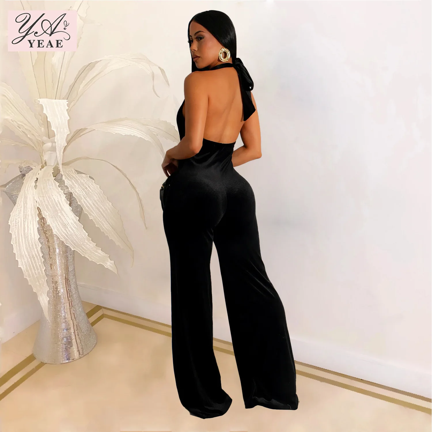 Autumn Women V-neck Halter Jumpsuits Wedding Velvet Evening Backless Romper Night Club Party Sleeveless One Piece