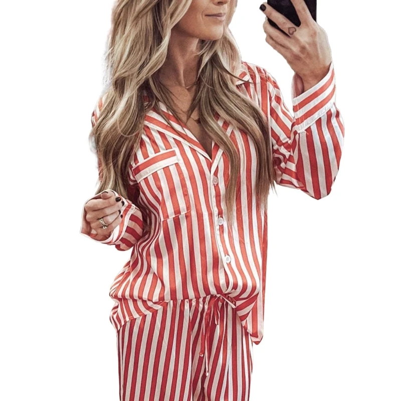 2023 New Women 2 Pieces Christmas Striped Long Sleeve Button Shirts and Pants Imitation Silk Pajamas Set Sleepwear Home