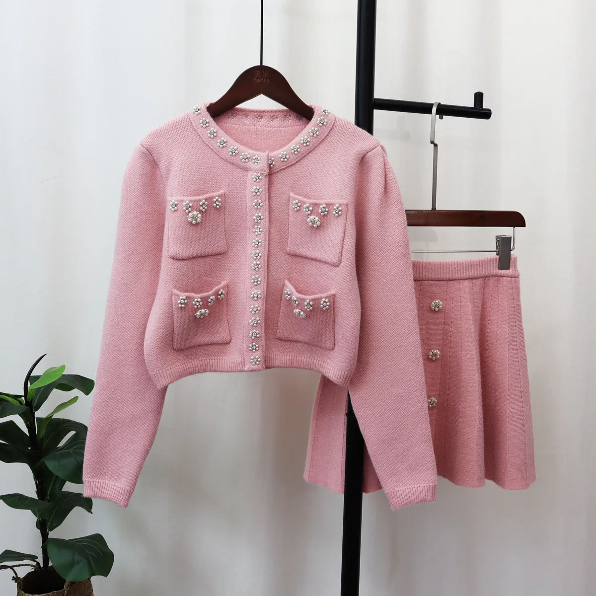 Neploe Women Suits Flower Beading Cardigan + Button Skirt 2024 Knit O-neck Pockets Sweater Autumn Winter  2 Pcs Sets