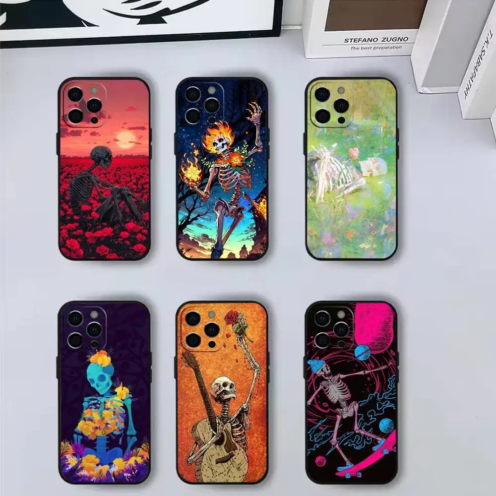 

Skeleton Skull Art Phone Case For iPhone17,16,15,14,13,12,11 Plus,Pro Max Soft Black Cover