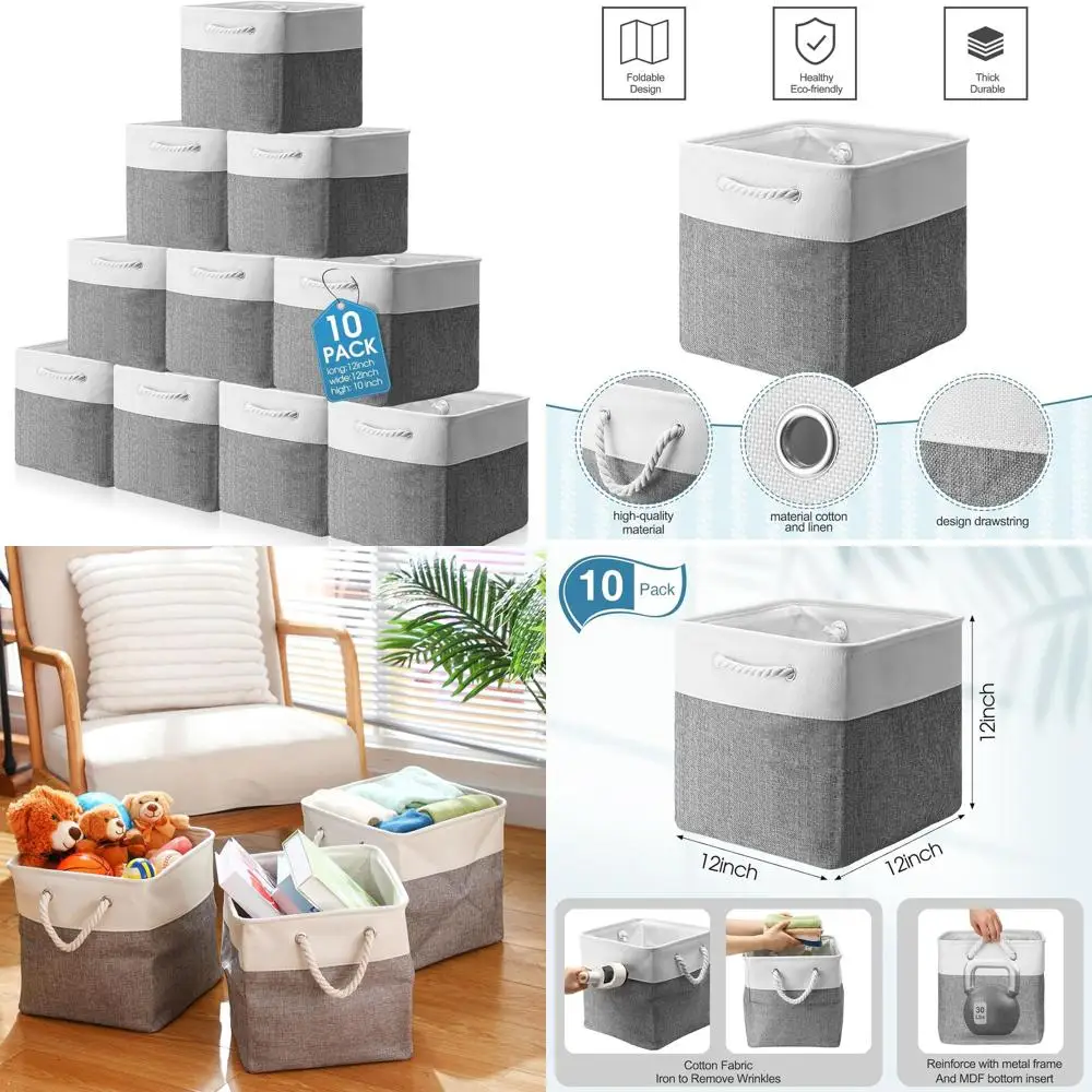 

Large Collapsible Fabric Storage Baskets with Handles, White & Gray, for Organizing Shelves, Toys, Clothes, 12x12x12 Inches
