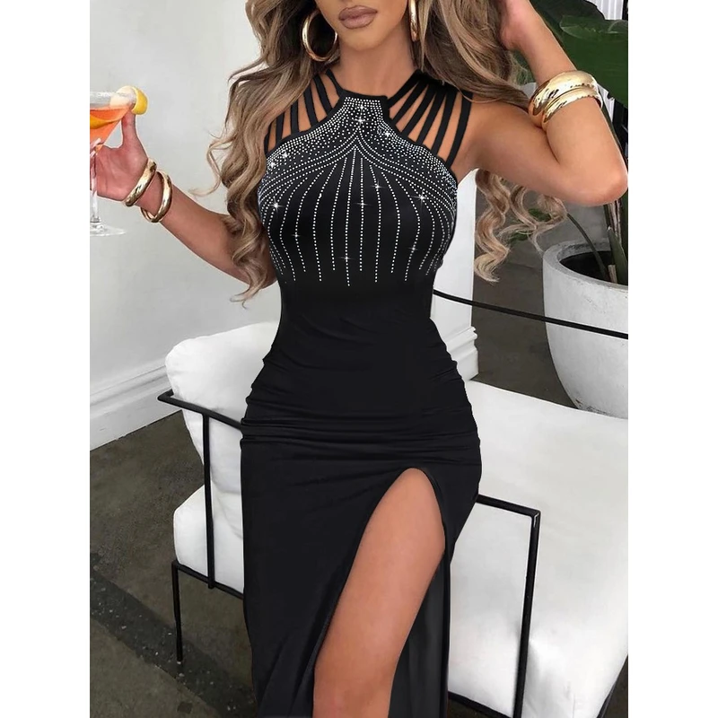 MUXI-Sexy Split Hip Wrap Dress, Temperament, Hot Diamond, Elegant, Nightclub, Banquet, Party, Spring and Summer, New Style