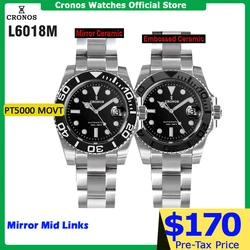 Cronos Sub Diver Men Watch Stainless Steel PT5000 Brushed Bracelet Ceramic Bezel 200 meters Water Resistant L6018