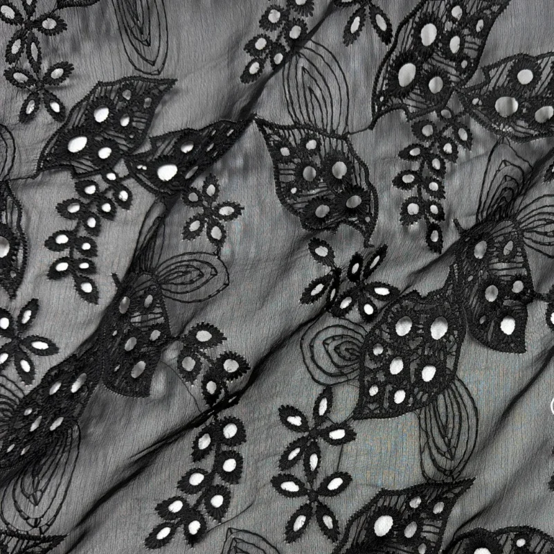 

Black Sheer Hollow Out Leaf Embroidery Chiffon Fabric Lightweight Spring Summer Hanfu Dress DIY Sewing Craft Fashion Material