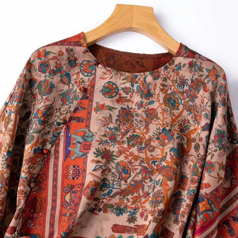 Birdtree, 24MM 100% Silk Print Blouse, Slant Opening Long Sleeve Shirt, Women Xiangyunsha Retro  Tops, 2026 Summer New T64825JF