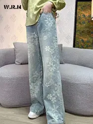 Elegant Baggy Floral Printting Denim Trouser Women's Washed Vintage Casual High Street Pants Female Retro High Waist Blue Jeans