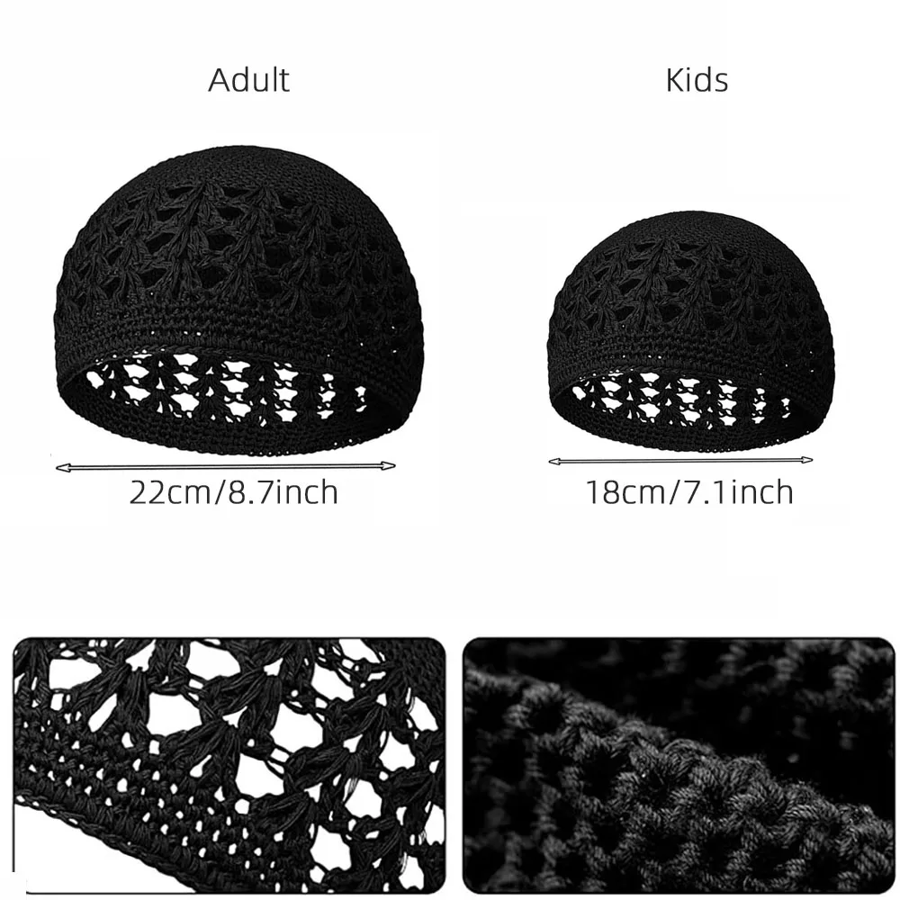 Muslim Knitted Kufi Hat for Adult and Kids 2PCS Knit Skullies Beanies Skull Cap Crochet Handmade Islamic Ramadan Prayer Cap