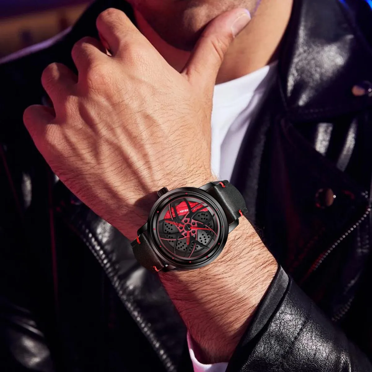 ساعة كوارتز بنمط رياضي للرجال مع حزام جلدي، قرص بتصميم عجلة قابل للدوران للمظهر المستوحى من السيارات