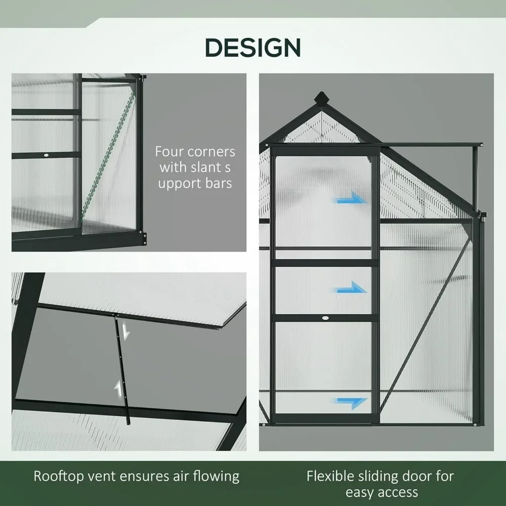 Estufa de 6' x 10' para exterior, com calha de chuva e ventilação de telhado, casas verdes de alumínio, estufa de policarbonato