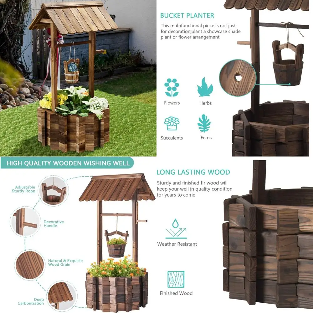 

Outdoor Hanging Wooden Planter Bucket for Flowers and Plants, Rustic Patio Garden Decorative Planter