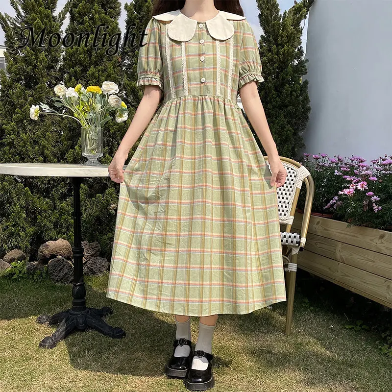 Peter Pan Collar Plaid Summer Dress Women Korean Style Fashion Puff Sleeven Midi Dress Vintage Kawaii Lolita Vestidos Elegantes