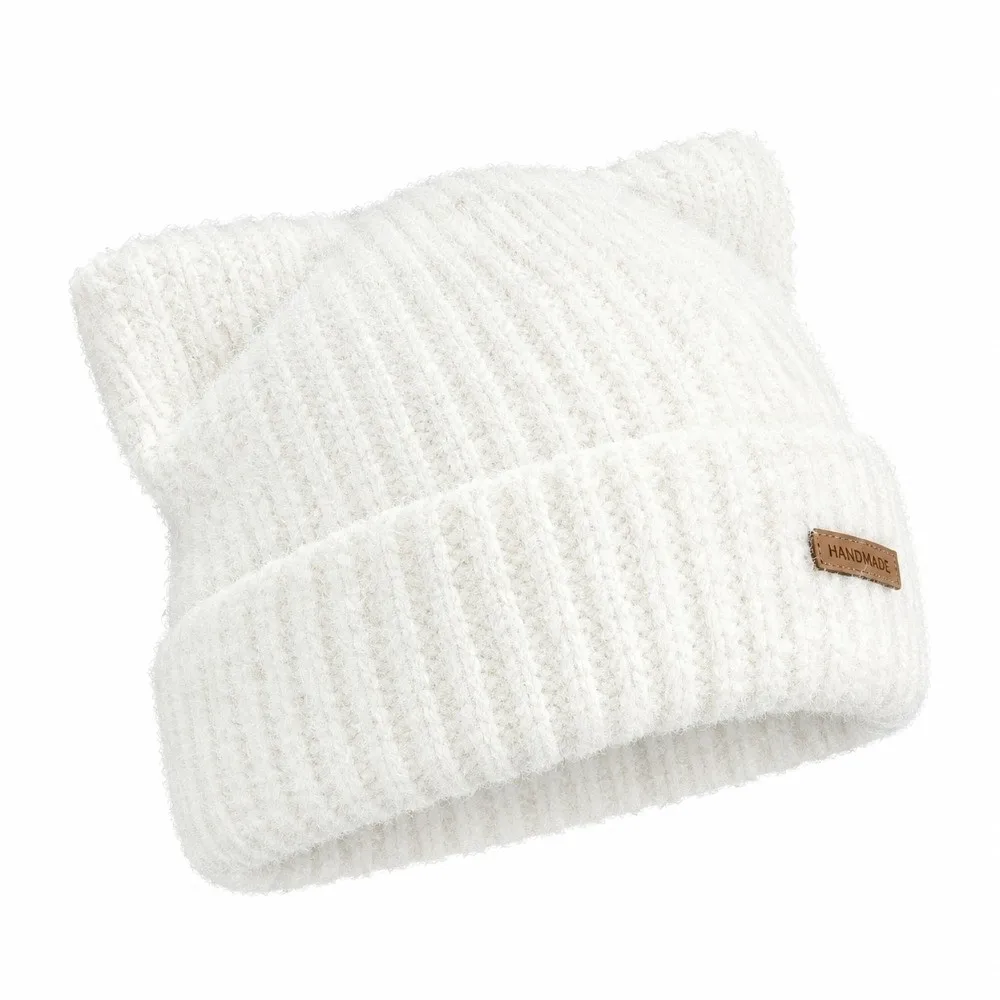 Cute Solid Color Cat Ear Beanie Windproof Cat Ear Ribbed Knit Cap Soft Warm Women Knit Beanie Women