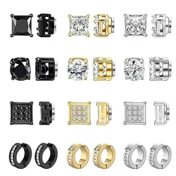 1 Pair Stainless Steel Magnetic Stud Earrings Non Piercing Inlaid Cubic Zirconia Clip on Hoop Earrings Set for Men Women