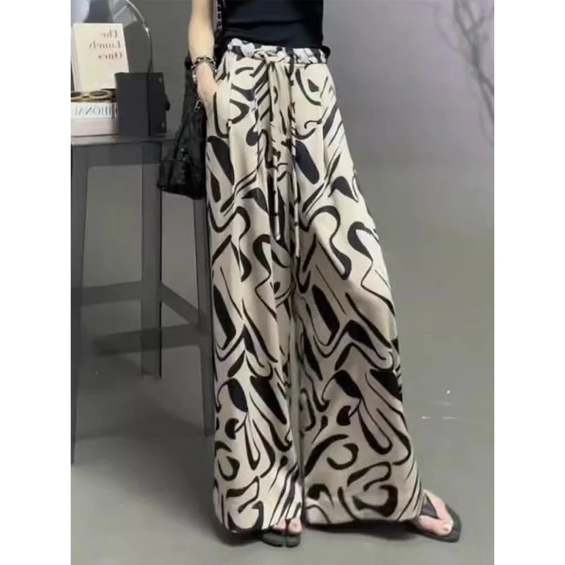 

Vintage Print Loose Wide Leg Pants Summer Elastic Waist All-match Drawstring Casual Straight Pants Fashion Trend Women Clothing