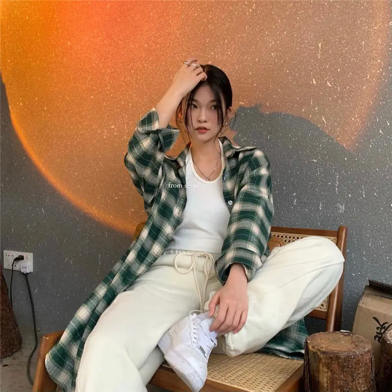 

Shirts Women Plaid Loose Preppy Young Cool Streetwear Chic Unisex Korean Style Mujer Рубашки Spring New Classic Retro Harajuku