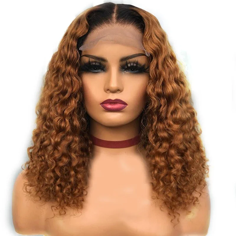 Ombre Brown Part Lace Human Hair Wig Short Curly Bob Wigs For Women Colored Lace Frontal Wigs Human Hair Brazilian Remy Hair