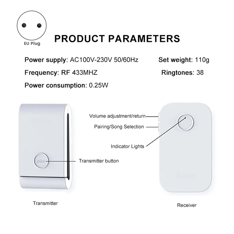 FORW-433 Mhz Self-Generating Wireless Doorbell 38 Ringtones Dingdong Doorbell Elderly Pager For Smart Home