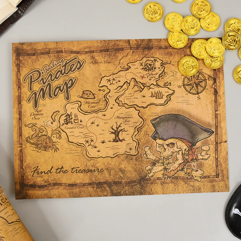 Pirate Adventure Treasure Hunting Map Vintage Kraft Paper Maps Pirates Theme Cosplay Props Birthday Party Gifts Halloween Decor