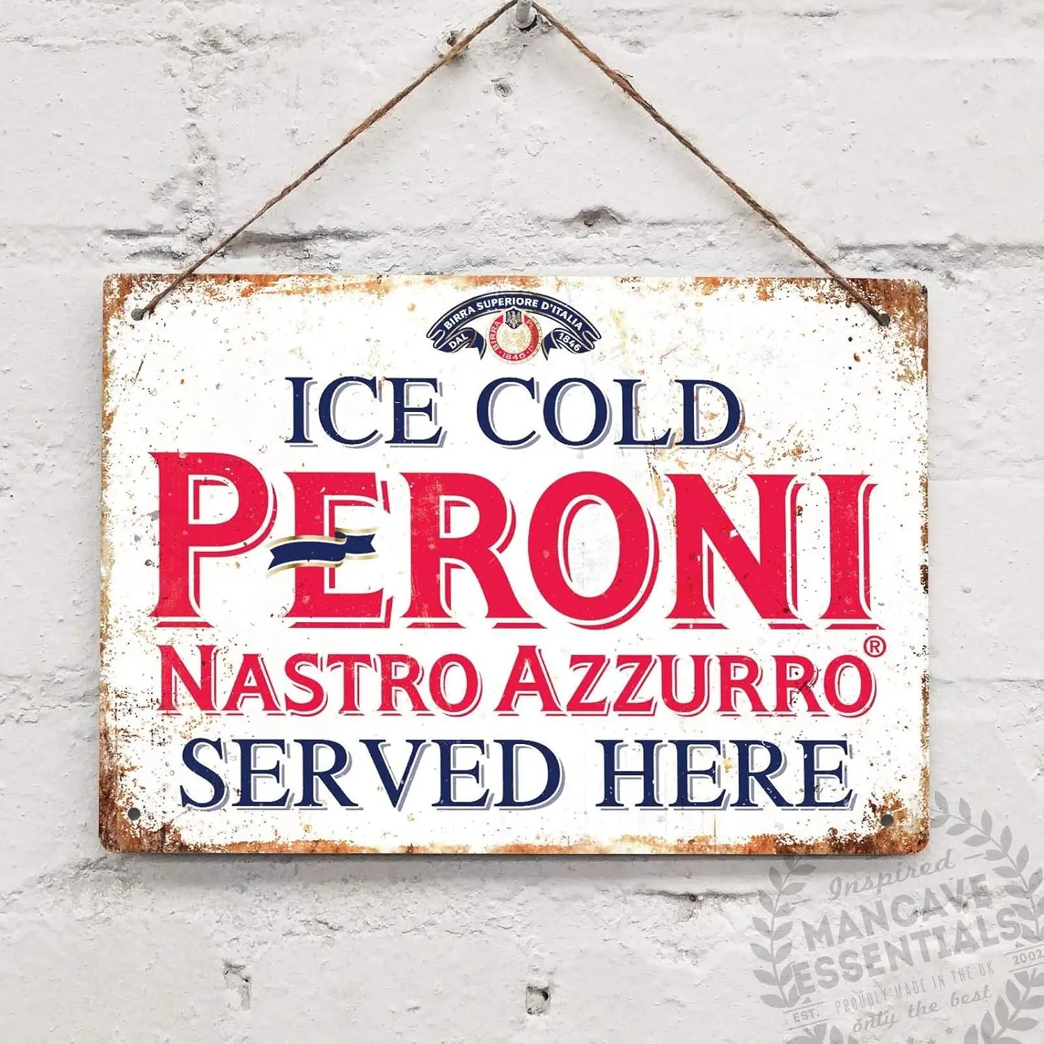 1p, cerveza Peroni sirve aquí, letrero de estaño Vintage, decoración de Metal, letrero de Metal para pared, letrero de estaño de Metal