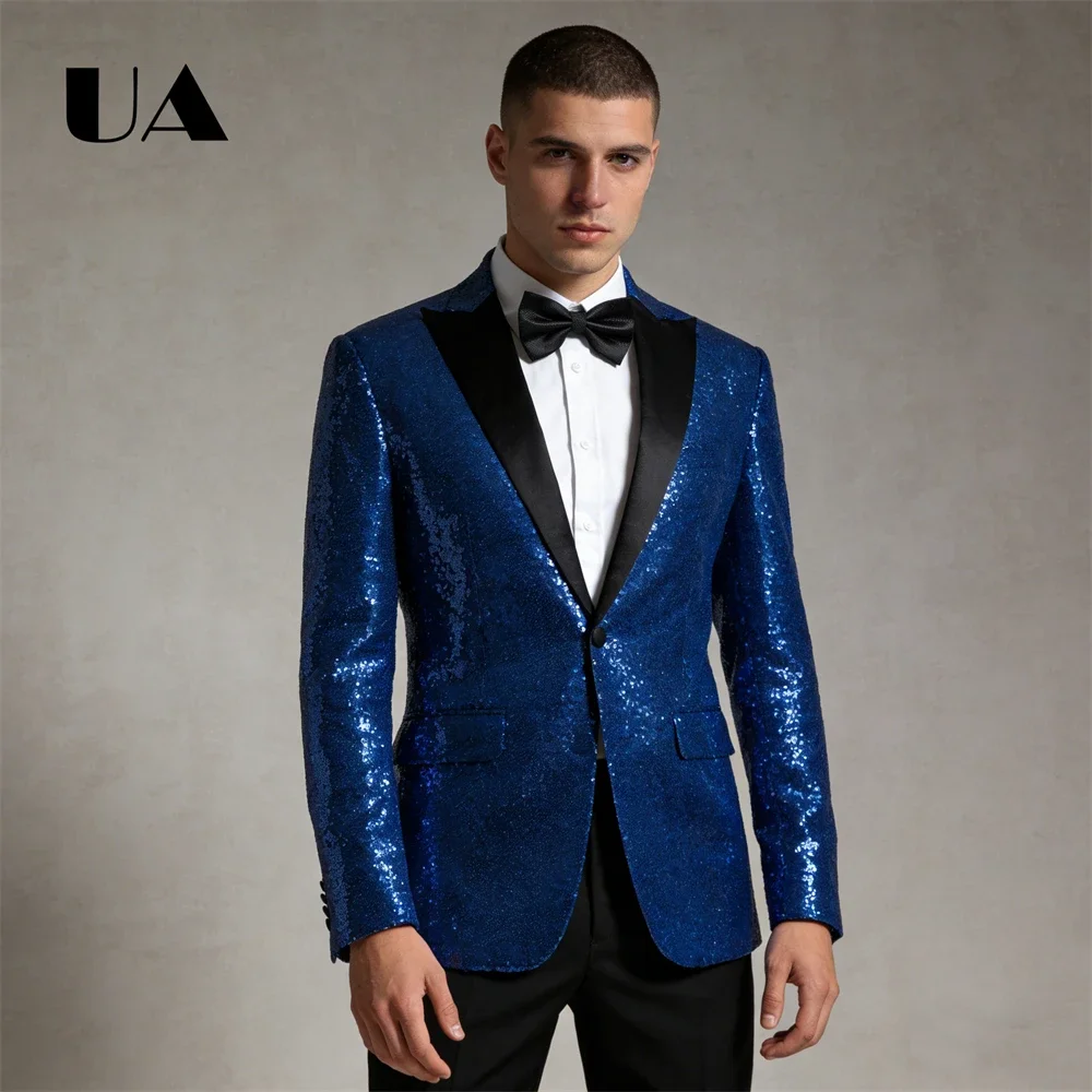 

Мужской пиджак королевского синего цвета с пайетками для выпускного вечера и торжественных мероприятий, приталенный пиджак на одной пуговице, индивидуальный пошив