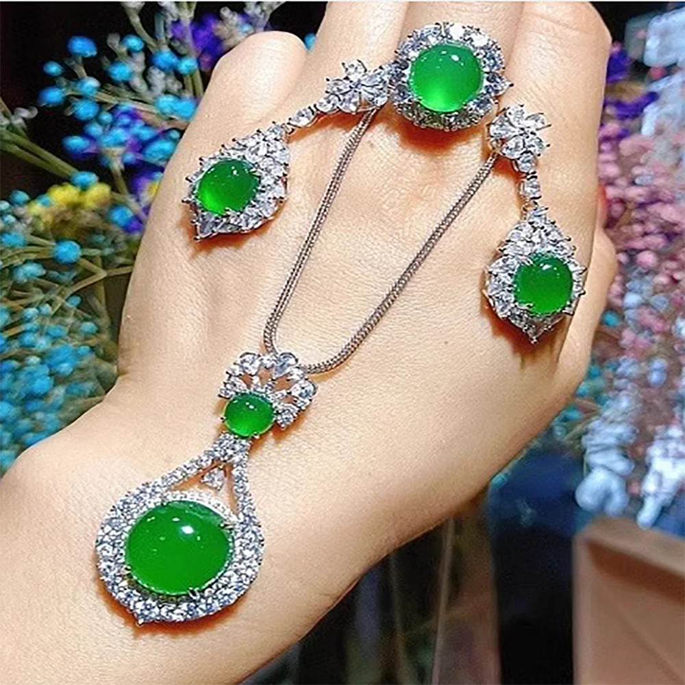 Natural green chalcedony luxury diamond studded fashionable women's pendant earrings, rings, necklaces, couple jade set