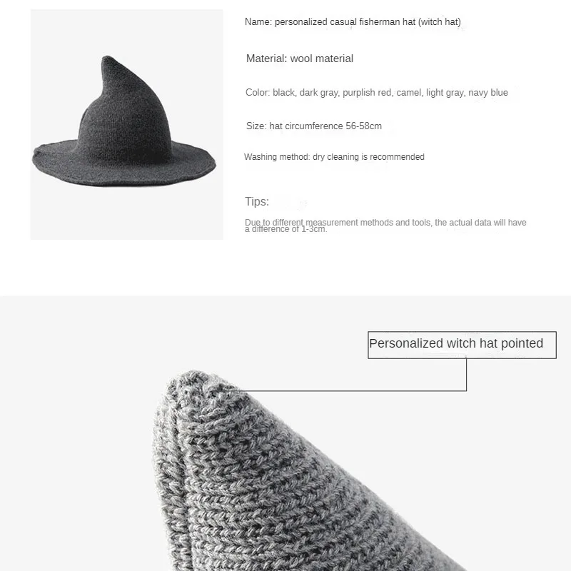 Fashion Design Women Halloween Personalized Wizardry Hat Pointed Big Eave Wool Knitted Hip Hop Witch Cap  Fisherman Hat Men