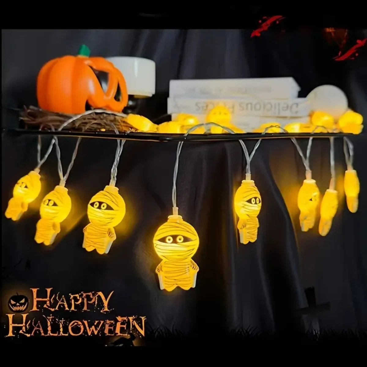 1 szt. 10/20 LED Lampki Sznurowe Halloween Mumia Zasilane Bateriami Do Domu Sypialni Salonu Sklepu Imprezy Świąteczne Dekoracje Halloween