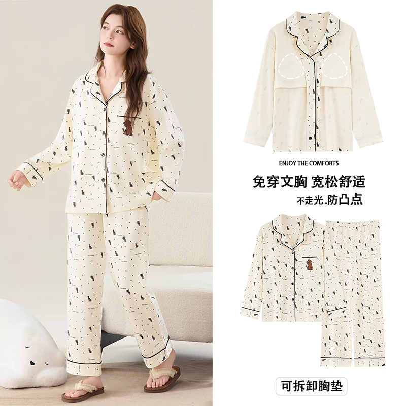 

Большие размеры M-4XL, весенне-осенние женские пижамы из 100% хлопка, женская одежда для сна с длинными рукавами и накладкой на грудь