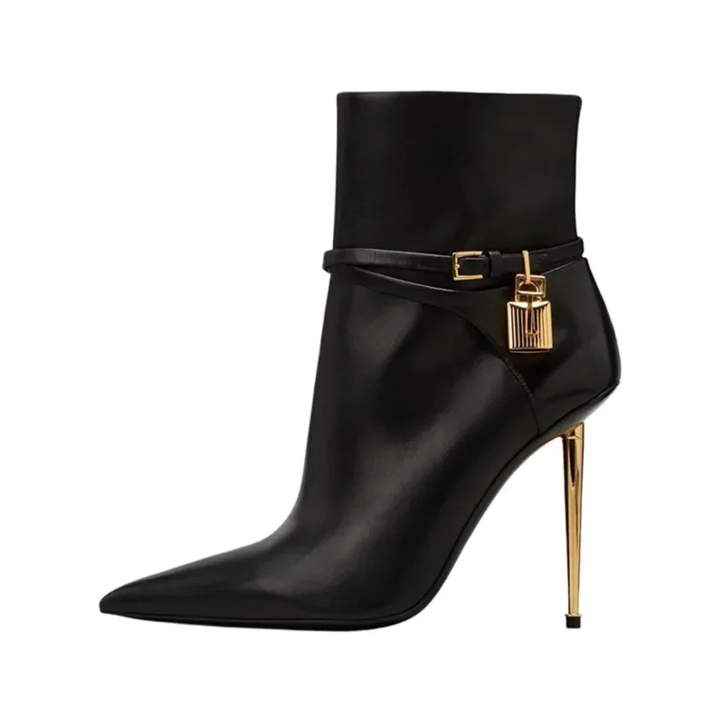 Women Sexy Metal Lock Decorate Ankle Boots Autumn Winter New Gold High Heel Pointed Belt Buckle Fashion Long Boots Size 34-43