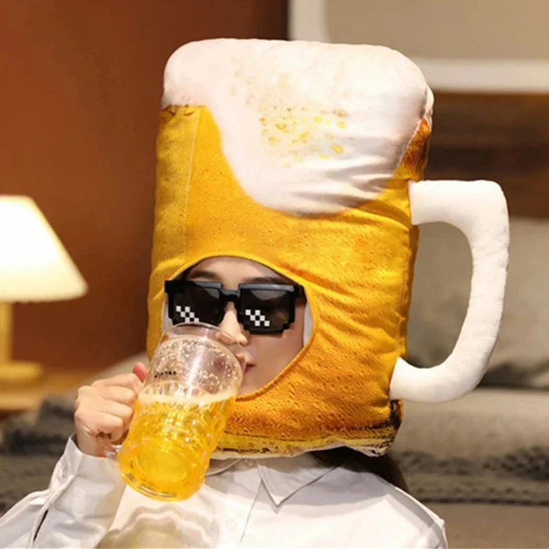 Plush Beer Head Cover Hat Funny Cup Yellow Beer Plush Hat Toy Cartoon Full Headgear Photo Performance Prop Cosplay Party Prop