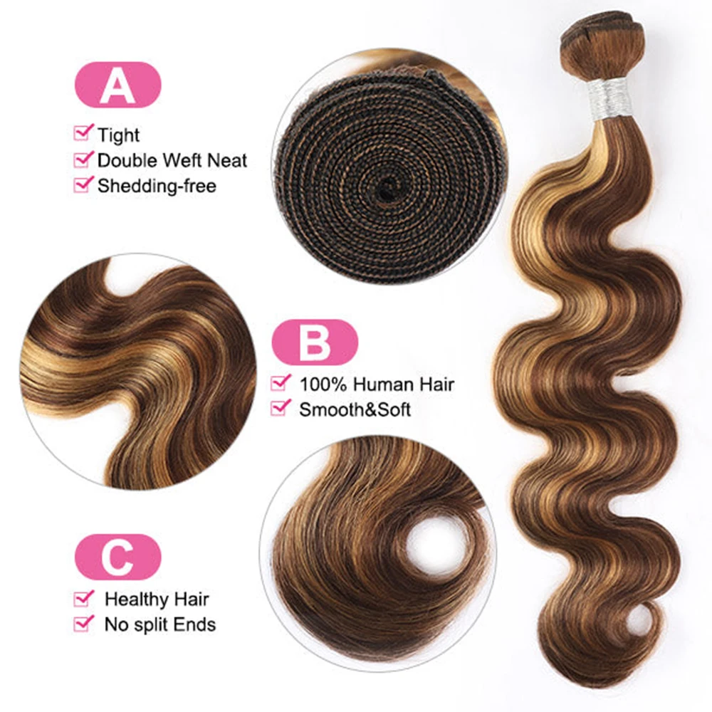 Destaque a onda do corpo Pacotes de cabelo humano, fechamento do laço HD, extensões de cabelo Remy pré-arrancadas, peruanas, P4/27, 220g por conjunto, 4x4, 3