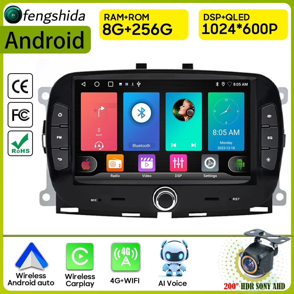 Leitor multimídia estéreo auto android para fiat, rádio do carro, carplay, navegação GPS, wi-fi, bluetooth, vídeo, não 2din, dvd, 500, 2016-2019