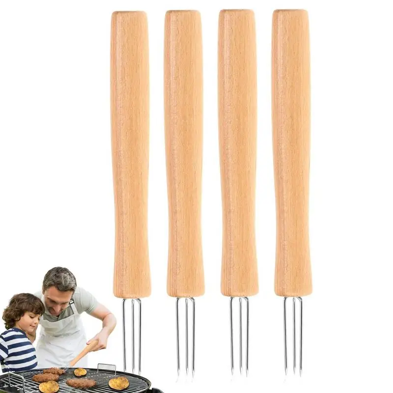 4Pcs Fork Corn Skewer Stainless Steel Corn Holders Fruit Forks Outdoor Camping Cooking Barbecue Tool Skewers with Wooden Handle