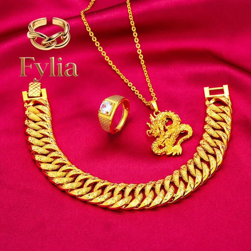 Fylia Jewelry  Wide Edge Bracelet, Necklace Ring Set for Men 24K Gold, AU999 Double sided star track engravings rotating ring fo
